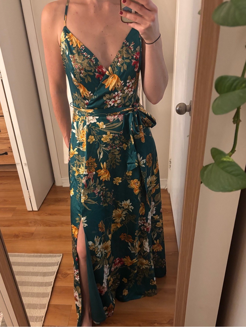 Simons Teal Floral Backless Wrap Maxi Dress with Yellow Accents
